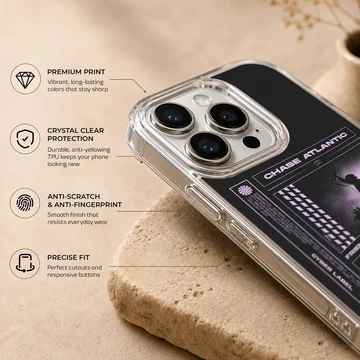Chase Atlantic phone case featuring purple concert photo panels and text graphics on a black background — Info