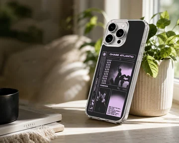Chase Atlantic phone case featuring purple concert photo panels and text graphics on a black background — Lifestyle