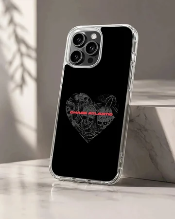 Chase Atlantic phone case featuring a dark heart graphic filled with detailed skulls and red typography