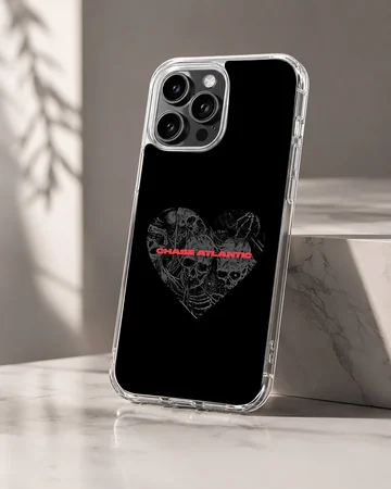 Chase Atlantic phone case featuring a dark heart graphic filled with detailed skulls and red typography — Hero