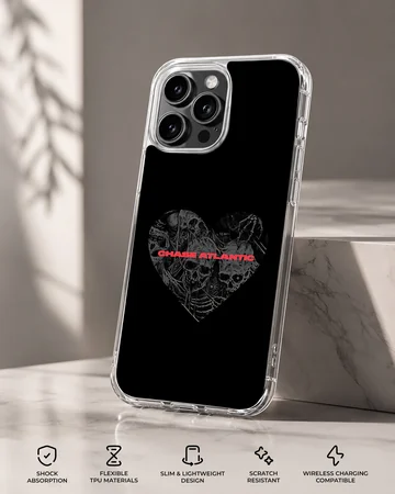 Chase Atlantic phone case featuring a dark heart graphic filled with detailed skulls and red typography — Specs