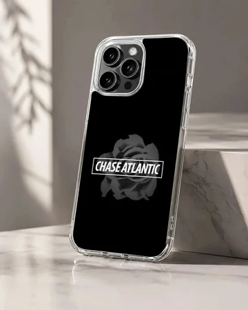 Chase Atlantic band typography over a muted rose motif on a black background phone case