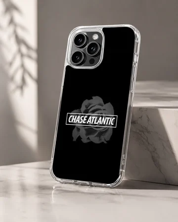 Chase Atlantic band typography over a muted rose motif on a black background phone case — Hero