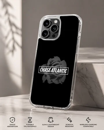 Chase Atlantic band typography over a muted rose motif on a black background phone case — Specs