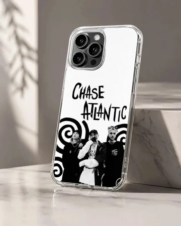 Chase Atlantic phone case featuring black and white band portraits and spiral art