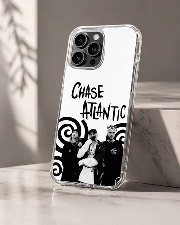 Chase Atlantic phone case featuring black and white band portraits and spiral art — Hero