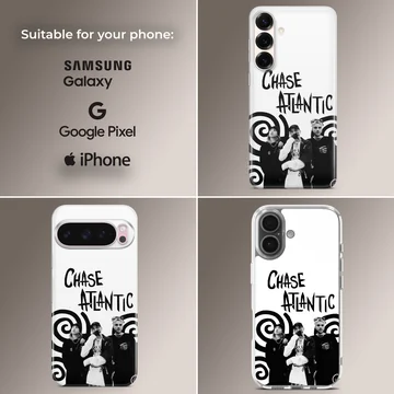 Chase Atlantic phone case featuring black and white band portraits and spiral art — Collage