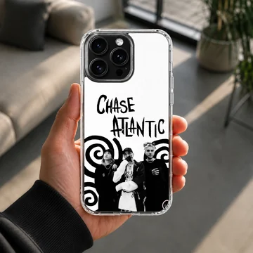 Chase Atlantic phone case featuring black and white band portraits and spiral art — Lifestyle