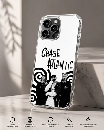 Chase Atlantic phone case featuring black and white band portraits and spiral art — Specs