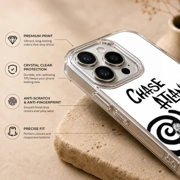 Chase Atlantic phone case featuring black and white band portraits and spiral art — Info