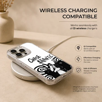 Chase Atlantic phone case featuring black and white band portraits and spiral art — Charging