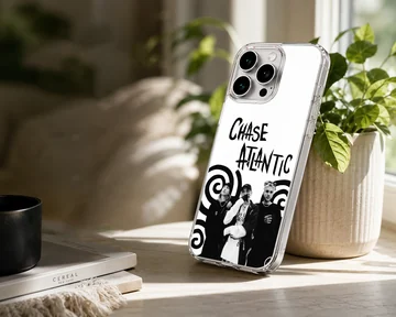 Chase Atlantic phone case featuring black and white band portraits and spiral art — Lifestyle