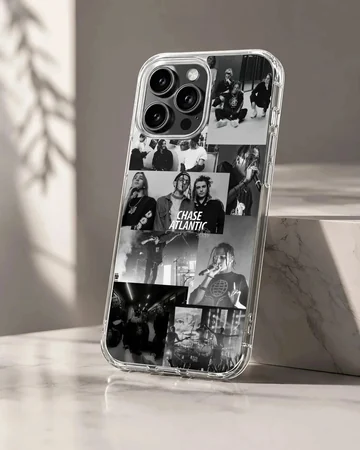 Monochrome band photo collage art on a Chase Atlantic phone case