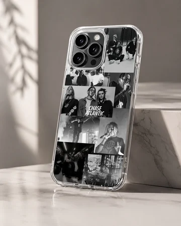 Monochrome band photo collage art on a Chase Atlantic phone case — Hero