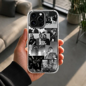 Monochrome band photo collage art on a Chase Atlantic phone case — Lifestyle