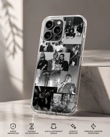 Monochrome band photo collage art on a Chase Atlantic phone case — Specs