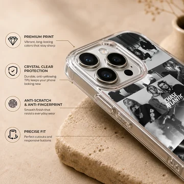 Monochrome band photo collage art on a Chase Atlantic phone case — Info