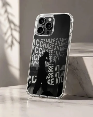 A black and white concert silhouette phone case featuring repeating typography in the background.
