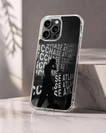 A black and white concert silhouette phone case featuring repeating typography in the background. — Hero