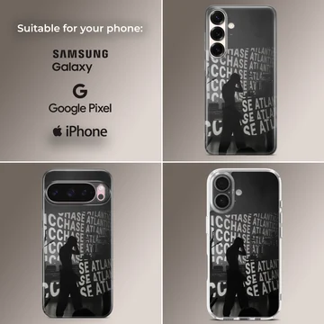 A black and white concert silhouette phone case featuring repeating typography in the background. — Collage