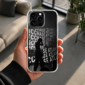 A black and white concert silhouette phone case featuring repeating typography in the background. — Lifestyle