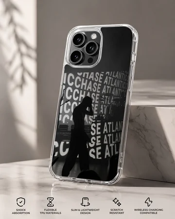 A black and white concert silhouette phone case featuring repeating typography in the background. — Specs