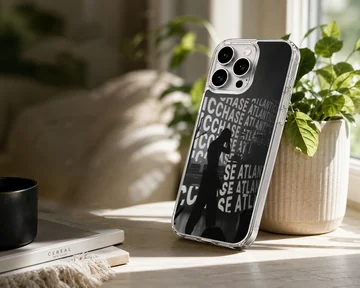 A black and white concert silhouette phone case featuring repeating typography in the background. — Lifestyle