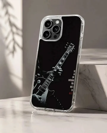 Monochrome guitar artwork with handwritten typography on a black phone case