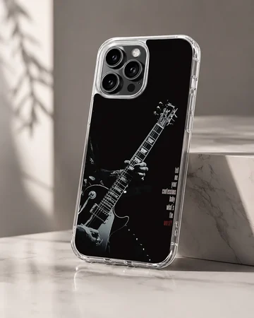 Monochrome guitar artwork with handwritten typography on a black phone case — Hero