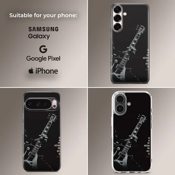 Monochrome guitar artwork with handwritten typography on a black phone case — Collage