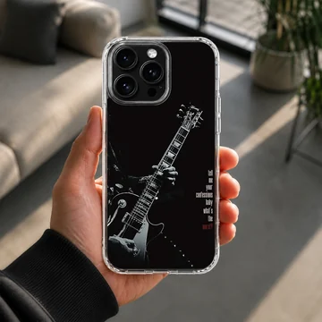 Monochrome guitar artwork with handwritten typography on a black phone case — Lifestyle