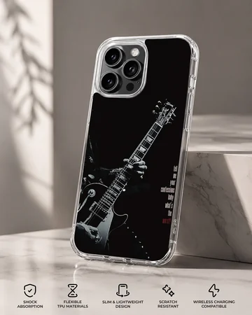 Monochrome guitar artwork with handwritten typography on a black phone case — Specs