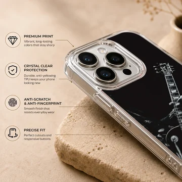 Monochrome guitar artwork with handwritten typography on a black phone case — Info