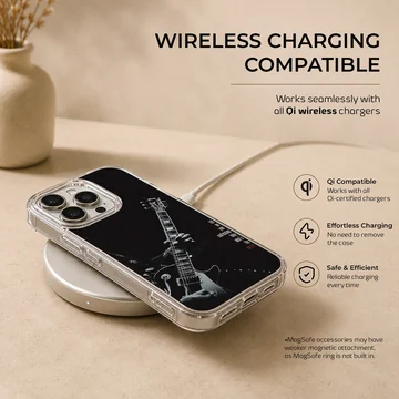 Monochrome guitar artwork with handwritten typography on a black phone case — Charging