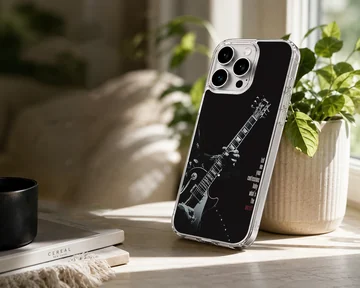 Monochrome guitar artwork with handwritten typography on a black phone case — Lifestyle