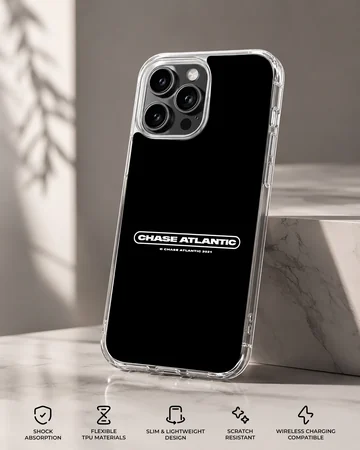 Chase Atlantic white text logo printed on a black matte phone case — Specs