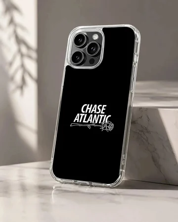 Chase Atlantic typography and outline rose art on a black matte phone case
