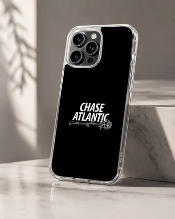 Chase Atlantic typography and outline rose art on a black matte phone case — Hero