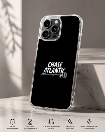 Chase Atlantic typography and outline rose art on a black matte phone case — Specs