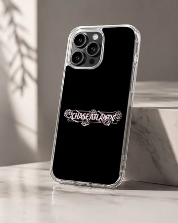 Black phone case with white and pink Chase Atlantic band typography framed by delicate floral line art. — Hero