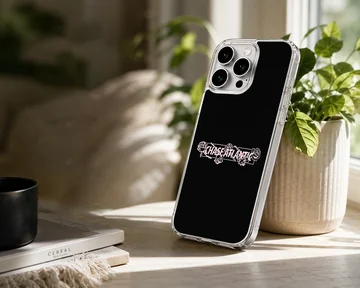 Black phone case with white and pink Chase Atlantic band typography framed by delicate floral line art. — Lifestyle