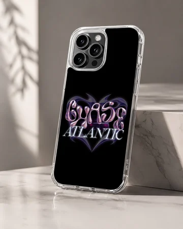 Chase Atlantic metallic chrome heart lettering on a black background phone case — Hero