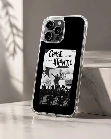 Monochrome Chase Atlantic tour poster graphic with concert imagery printed on a phone case