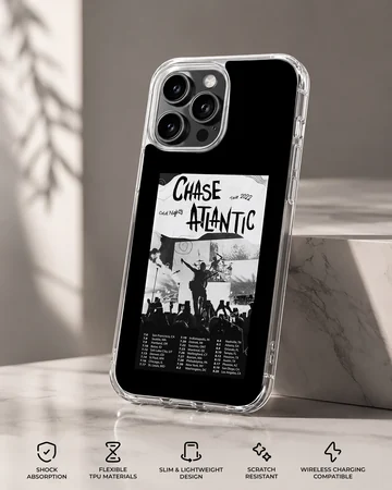 Monochrome Chase Atlantic tour poster graphic with concert imagery printed on a phone case — Specs