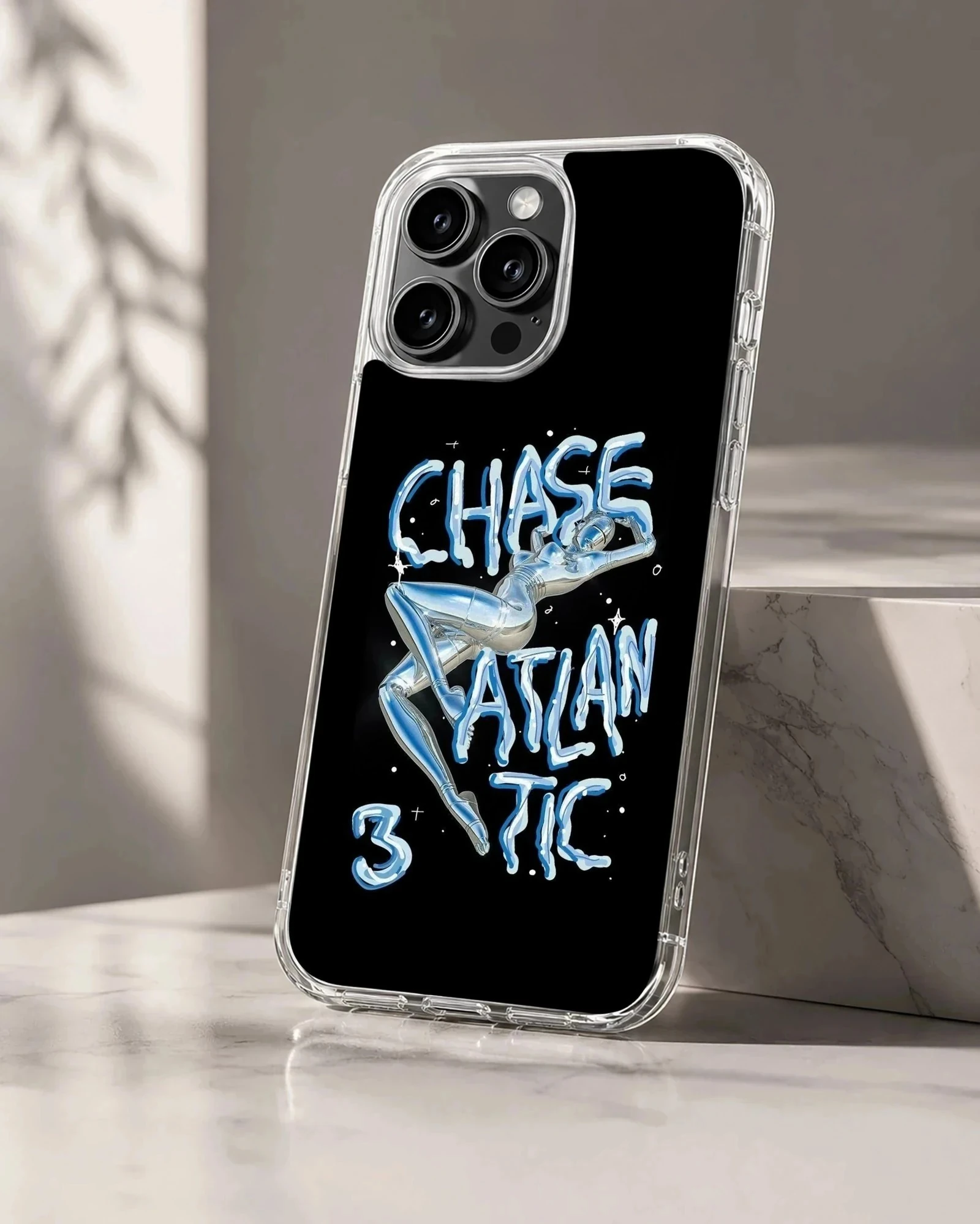 Chase Atlantic liquid chrome typography design with blue lettering on a black background phone case