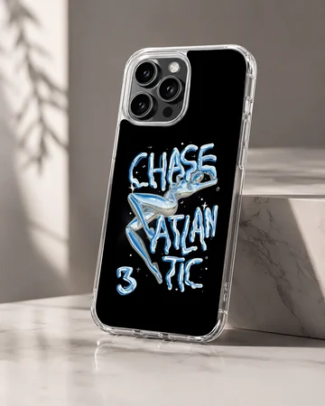 Chase Atlantic liquid chrome typography design with blue lettering on a black background phone case — Hero