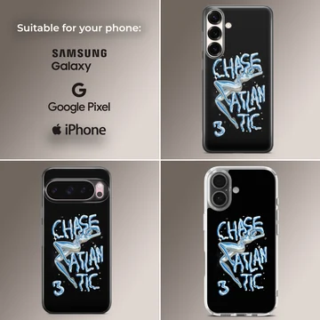 Chase Atlantic liquid chrome typography design with blue lettering on a black background phone case — Collage