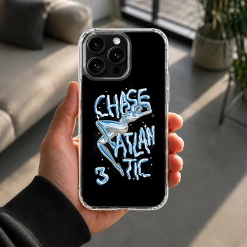 Chase Atlantic liquid chrome typography design with blue lettering on a black background phone case — Lifestyle