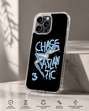 Chase Atlantic liquid chrome typography design with blue lettering on a black background phone case — Specs