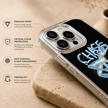 Chase Atlantic liquid chrome typography design with blue lettering on a black background phone case — Info